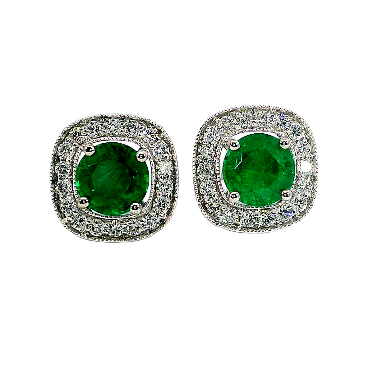 1.88 Carat Natural Emeralds and Diamonds Halo Stud Enhancer Earrings 18K White Gold